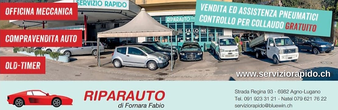 Il piazzale dell'officina Servizio Rapido Riparauto in Strada Regina 93 ad Agno, con le auto in esposizione